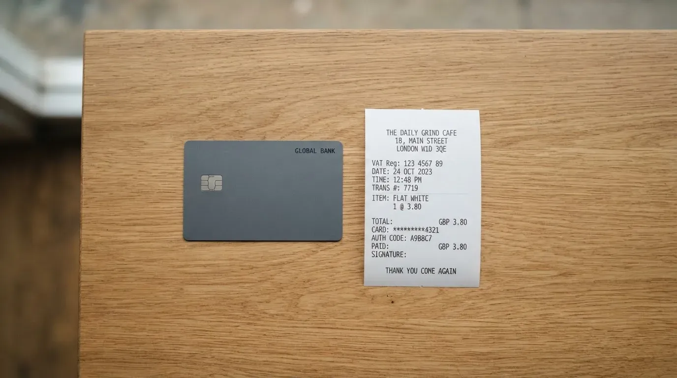 A receipt and a card on a café table