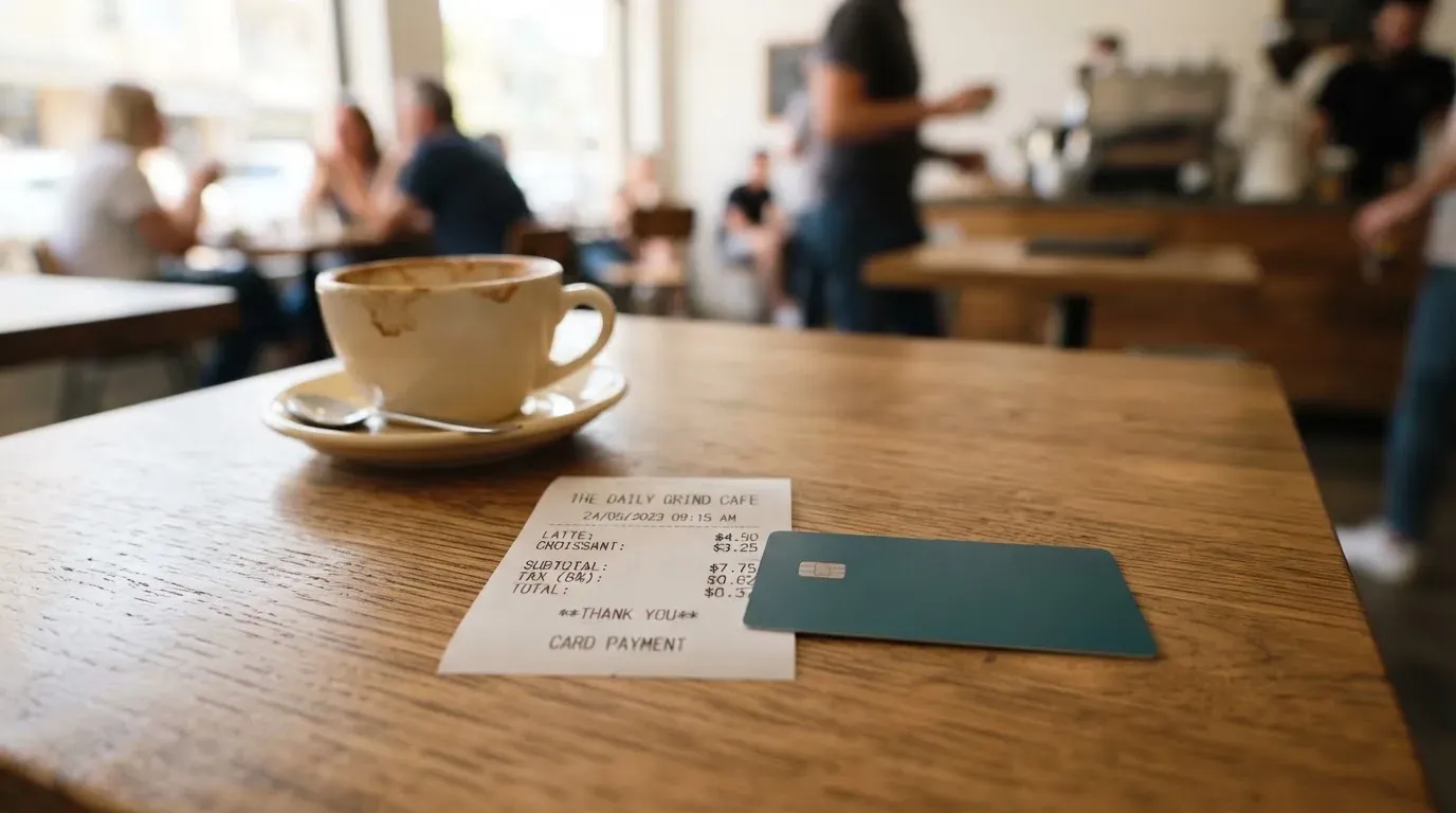 A receipt and a card on a café table