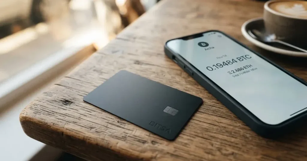 A payment card next to a phone with a crypto wallet app open