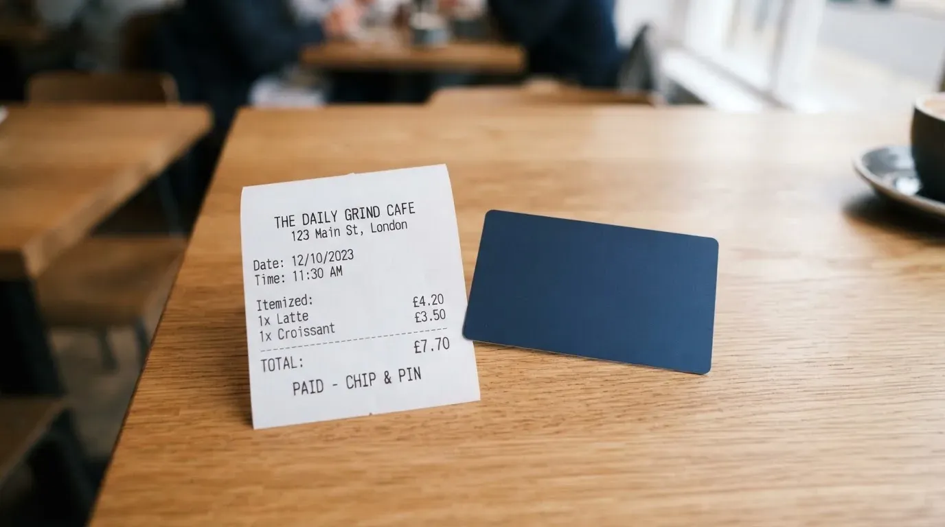 A receipt and a card on a café table