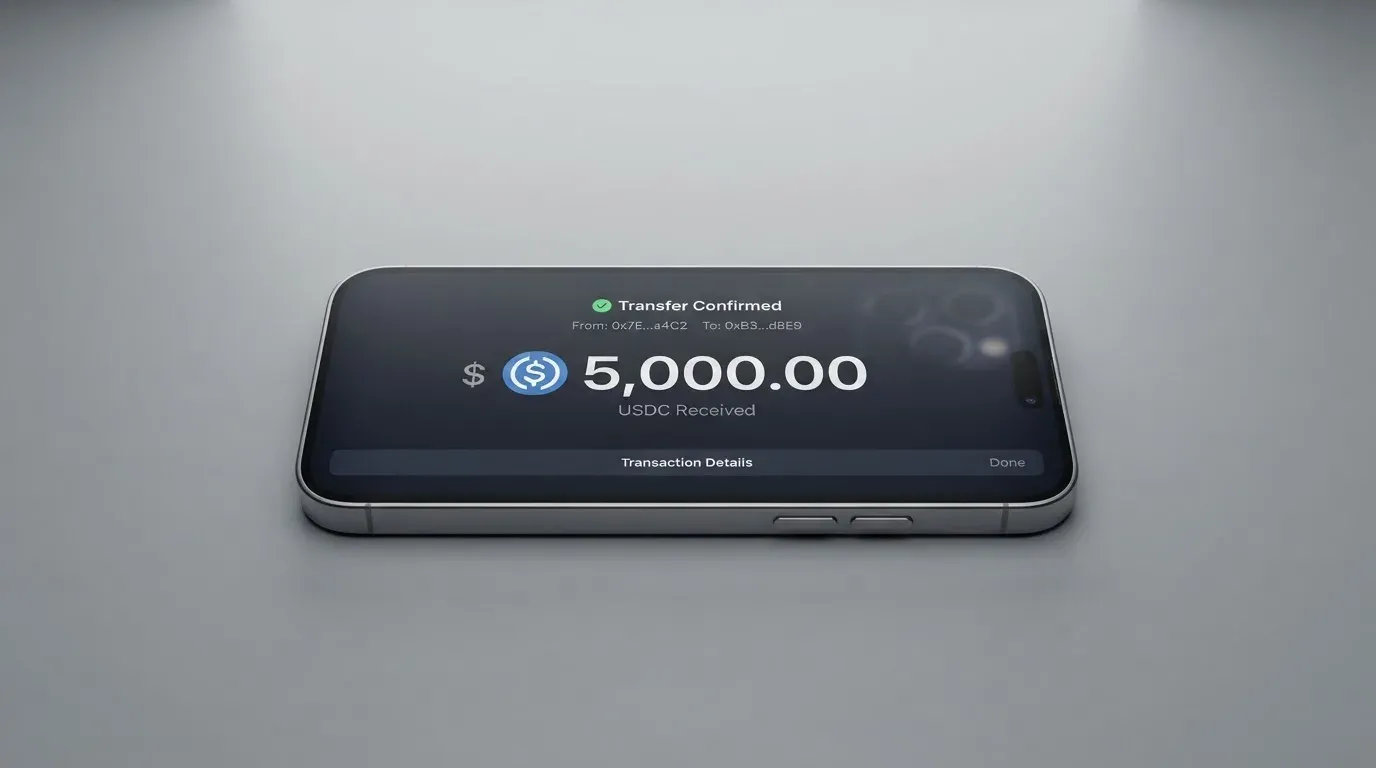 A phone showing a stablecoin transfer screen