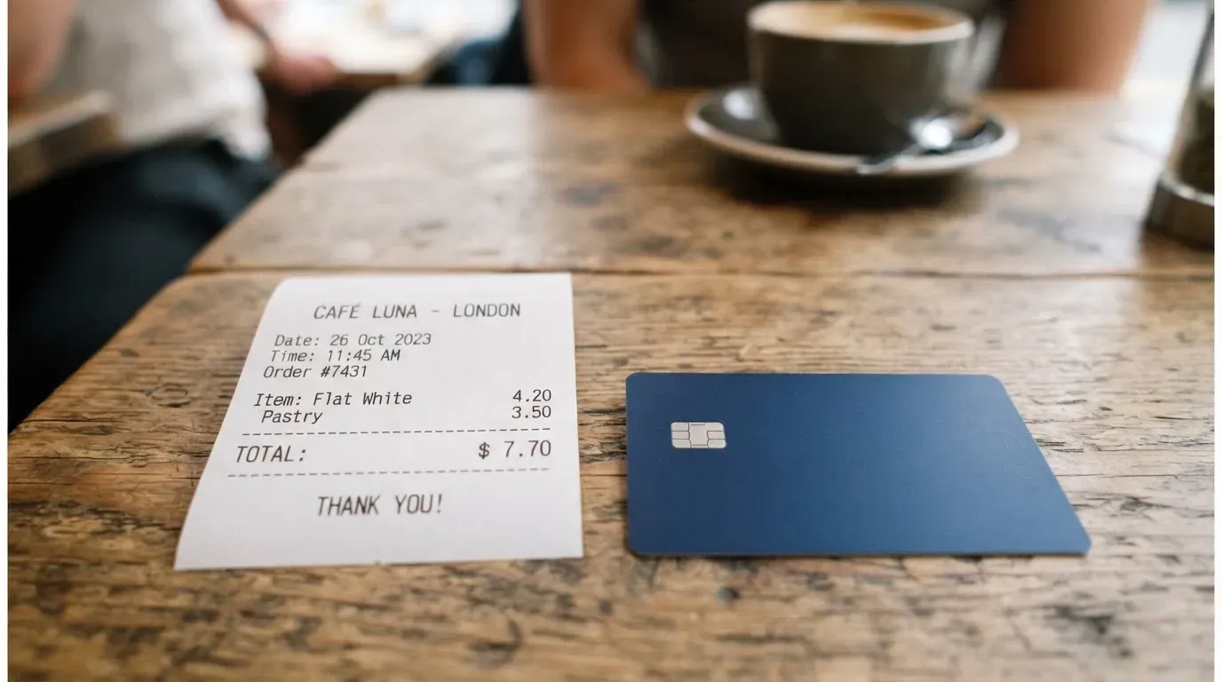 A receipt and a card on a café table