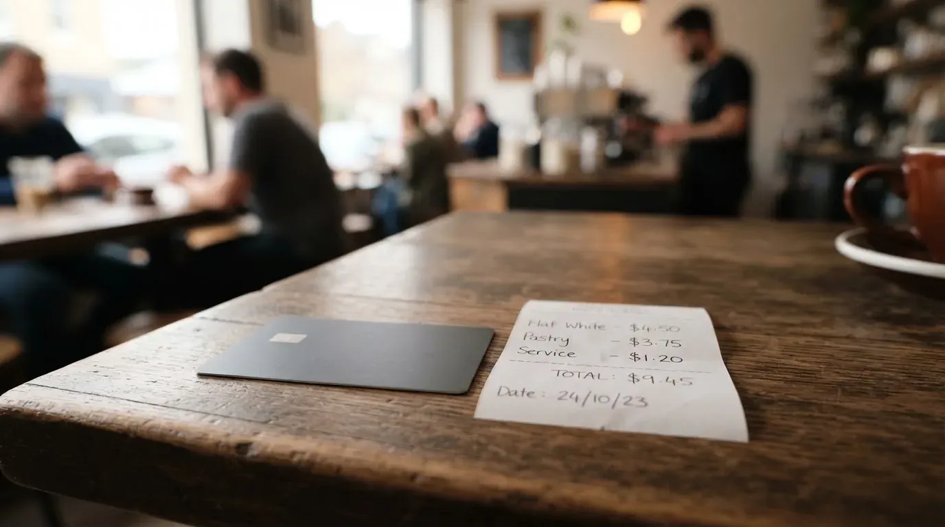 A receipt and a card on a café table