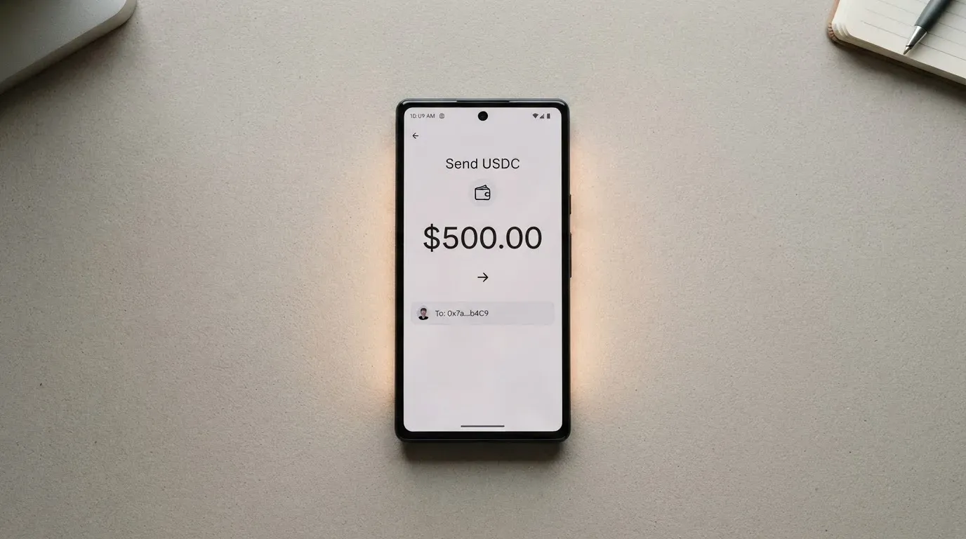A phone showing a stablecoin transfer screen