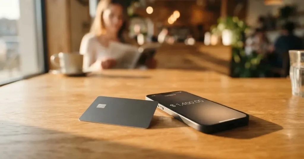 A payment card next to a phone with a crypto wallet app open