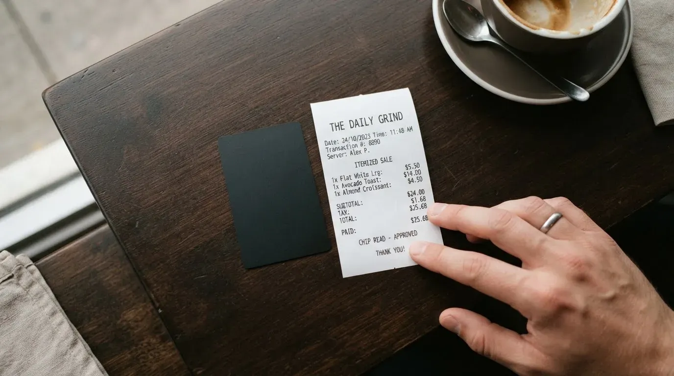 A receipt and a card on a café table