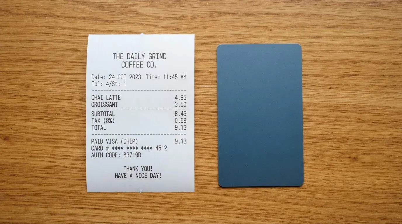 A receipt and a card on a café table