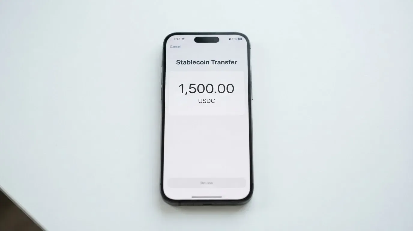 A phone showing a stablecoin transfer screen