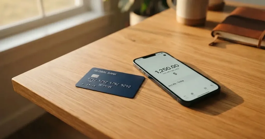 A payment card next to a phone with a crypto wallet app open