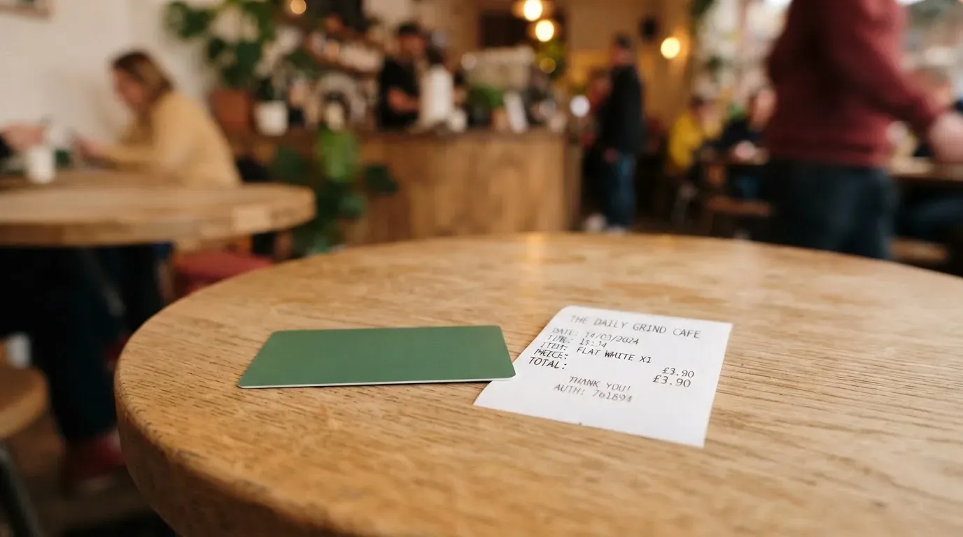 A receipt and a card on a café table