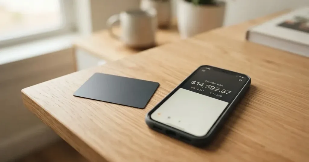 A payment card next to a phone with a crypto wallet app open