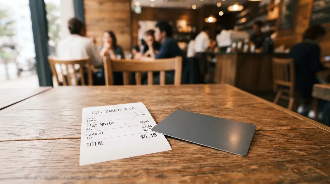 A receipt and a card on a café table