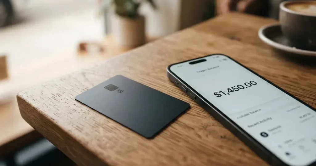 A payment card next to a phone with a crypto wallet app open