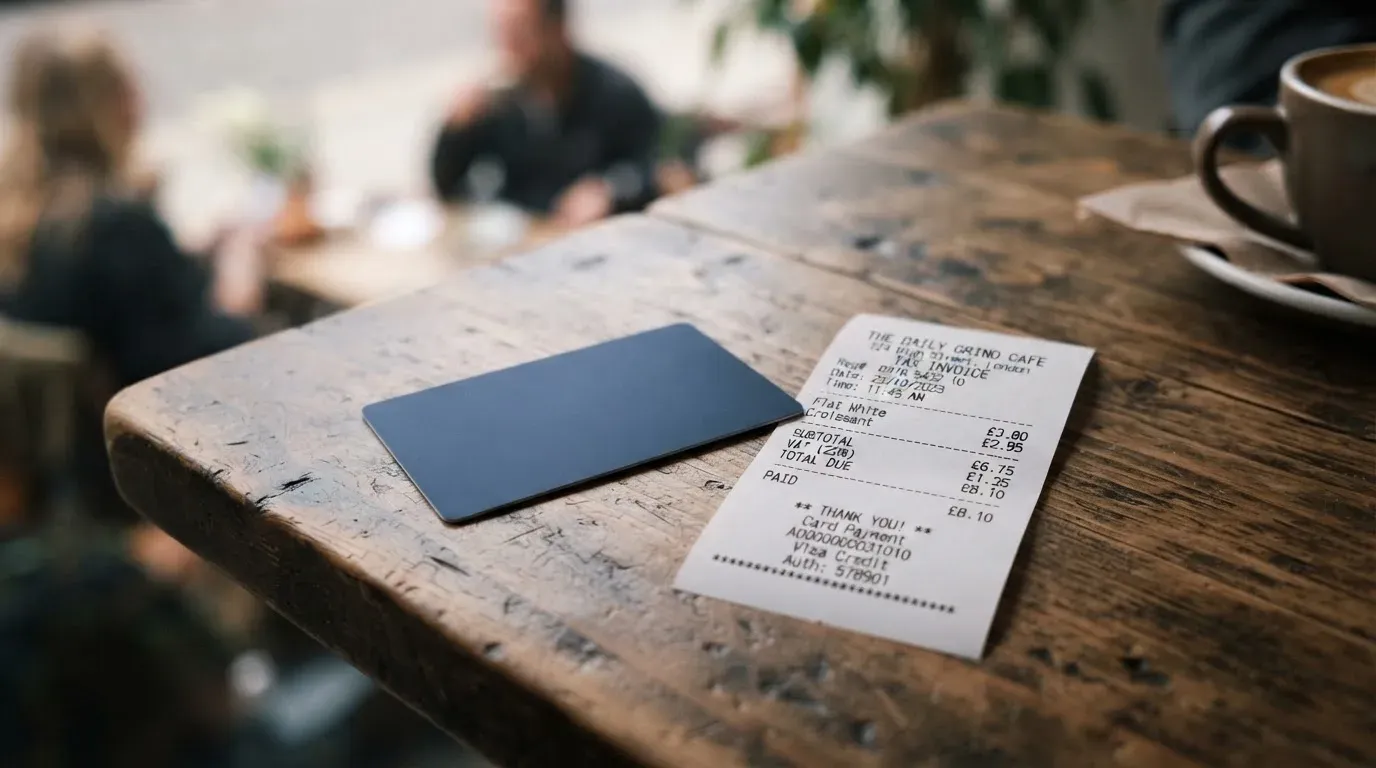 A receipt and a card on a café table