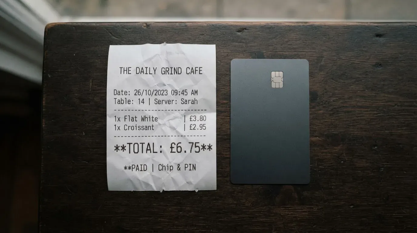 A receipt and a card on a café table