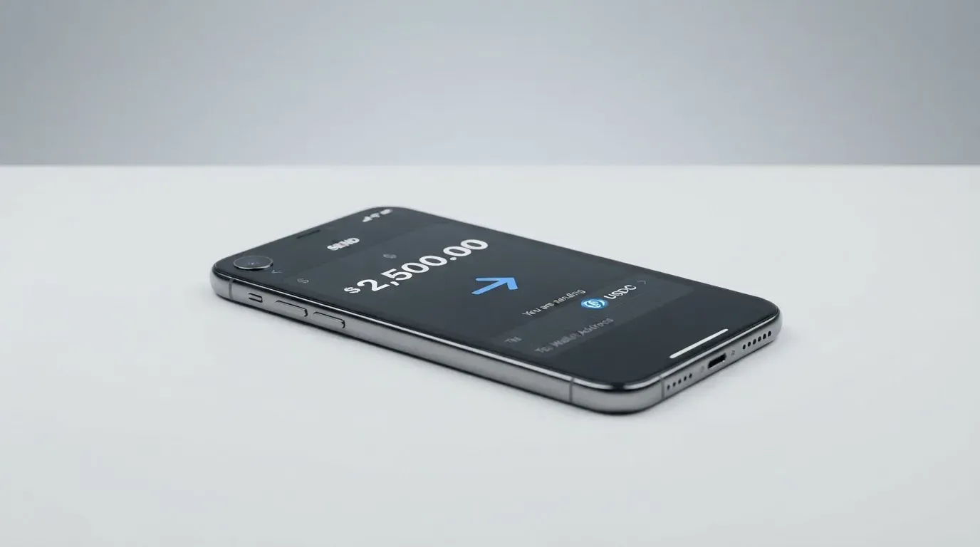A phone showing a stablecoin transfer screen