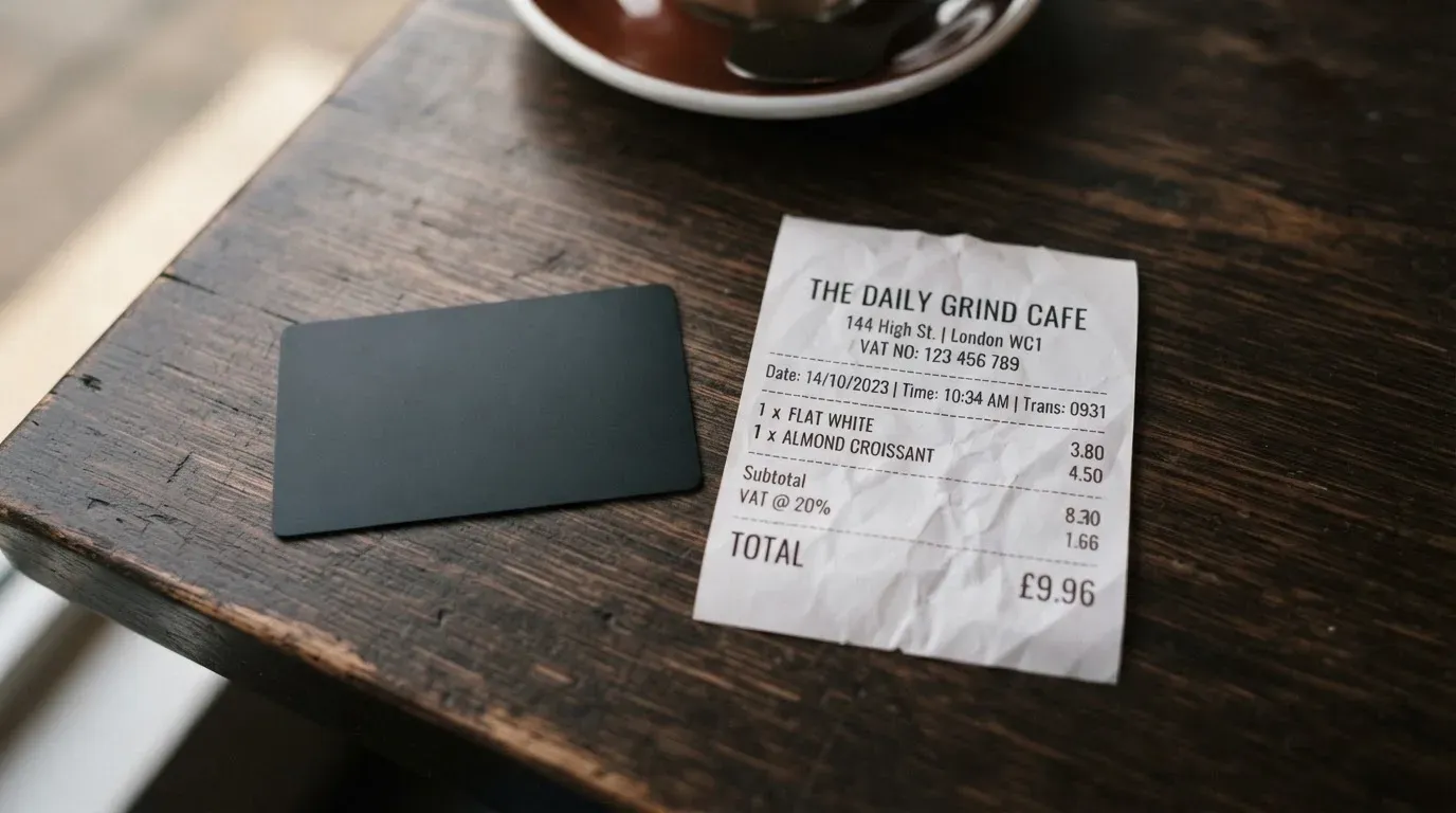 A receipt and a card on a café table
