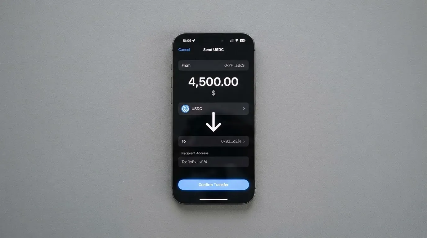 A phone showing a stablecoin transfer screen