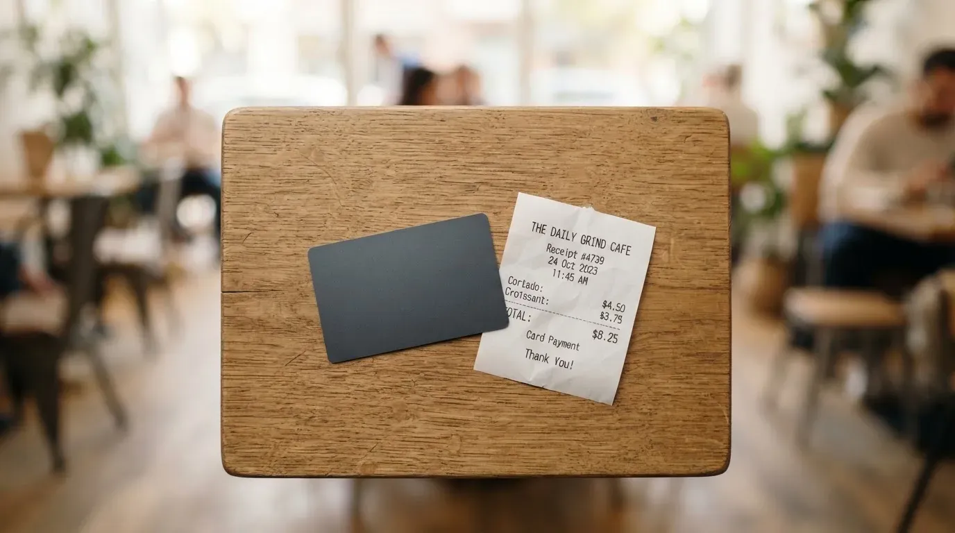A receipt and a card on a café table