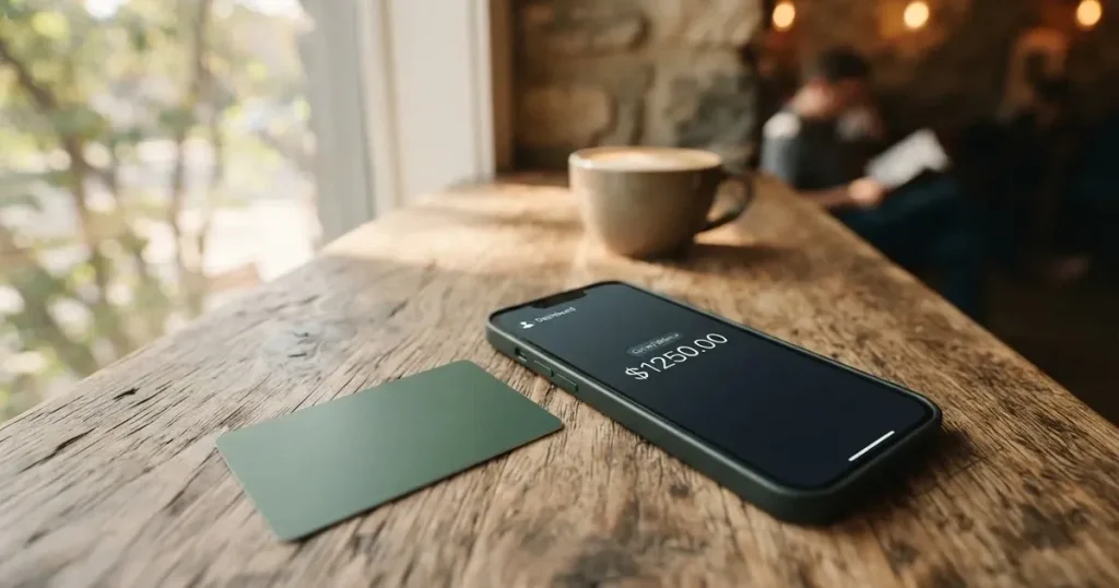 A payment card next to a phone with a crypto wallet app open