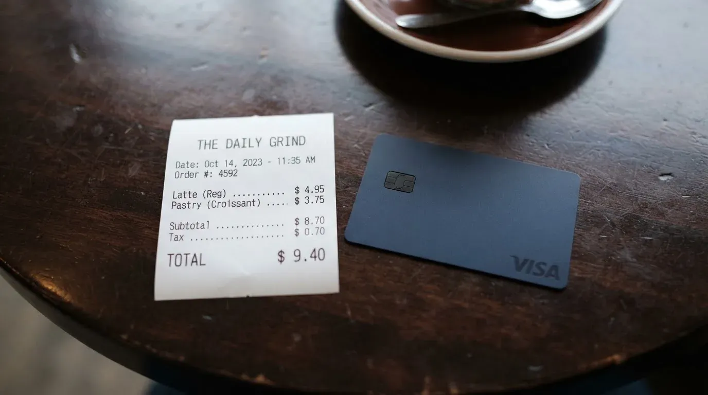 A receipt and a card on a café table
