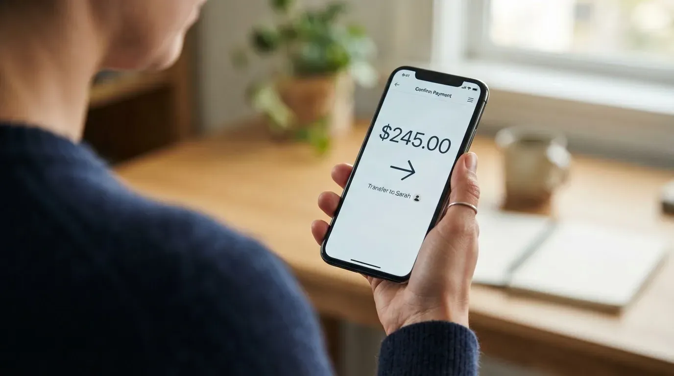 A phone showing a stablecoin transfer screen