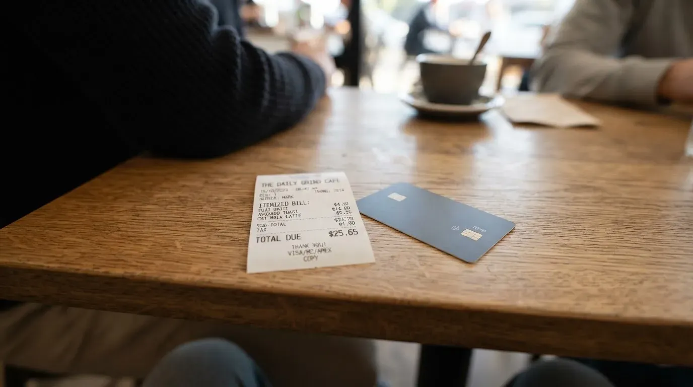 A receipt and a card on a café table