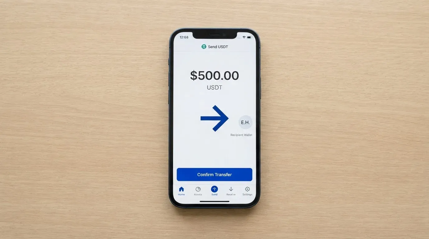 A phone showing a stablecoin transfer screen