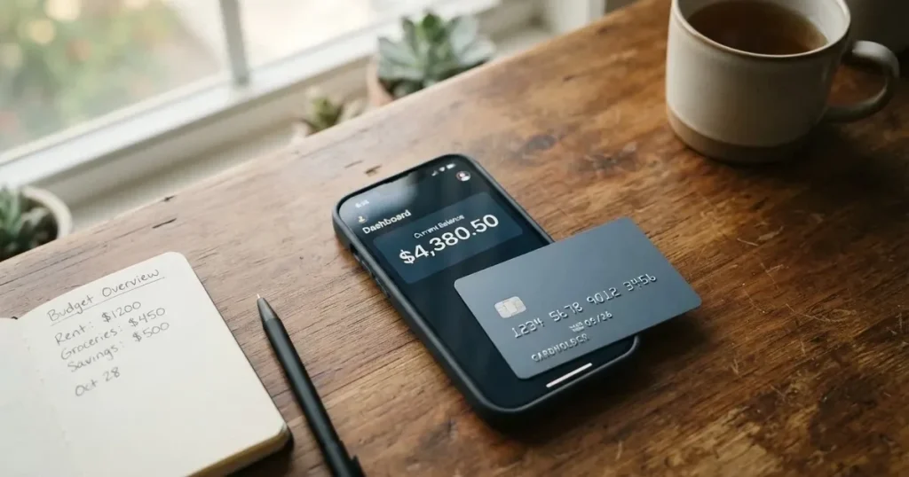 A payment card next to a phone with a crypto wallet app open