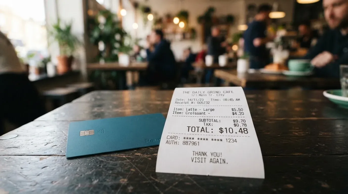 A receipt and a card on a café table