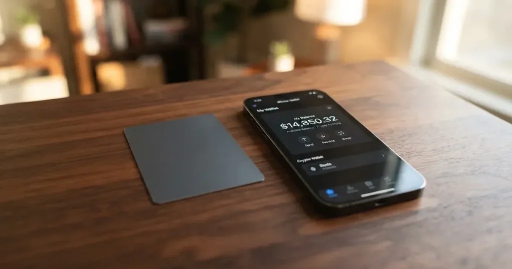 A payment card next to a phone with a crypto wallet app open