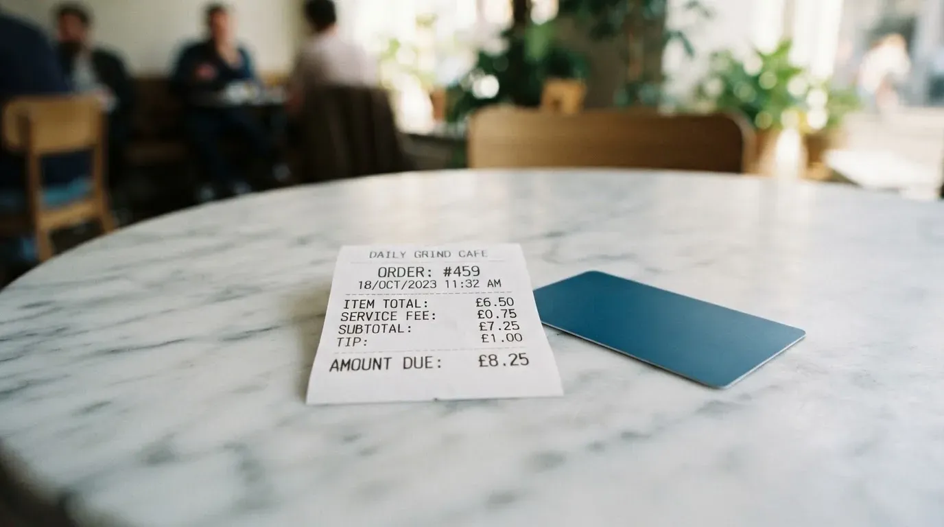 A receipt and a card on a café table