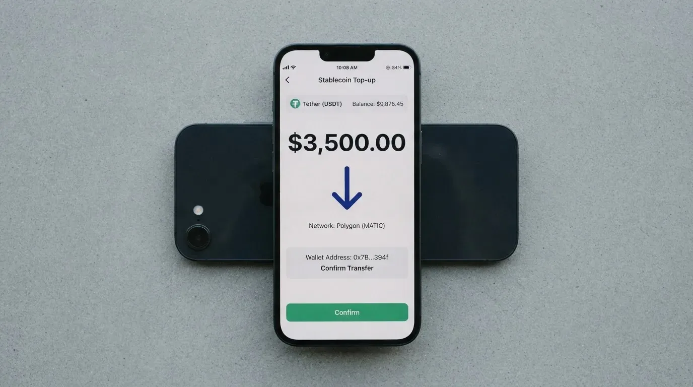 A phone showing a stablecoin transfer screen