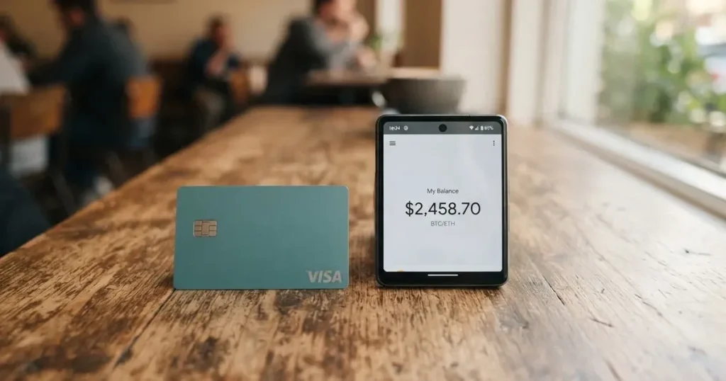 A payment card next to a phone with a crypto wallet app open