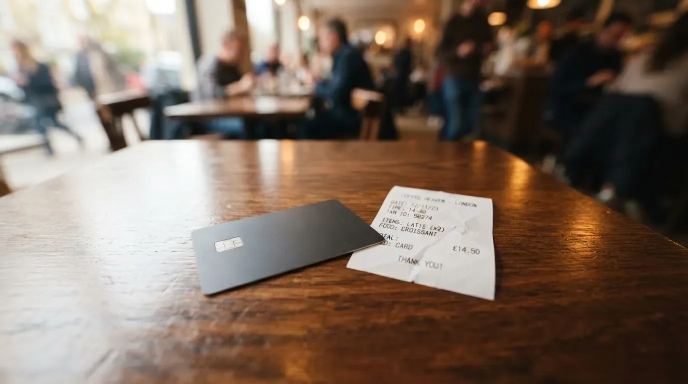 A receipt and a card on a café table