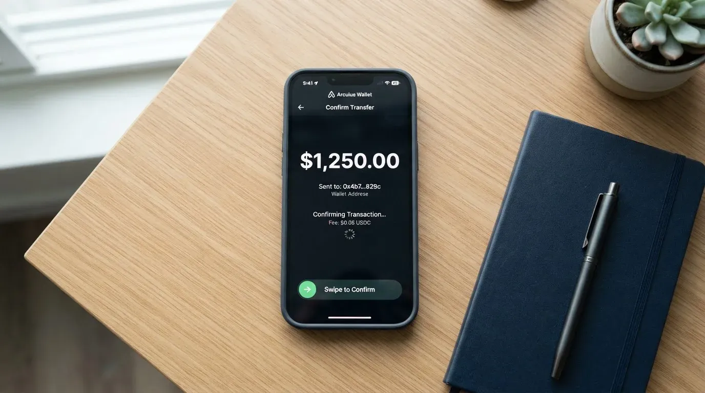 A phone showing a stablecoin transfer screen