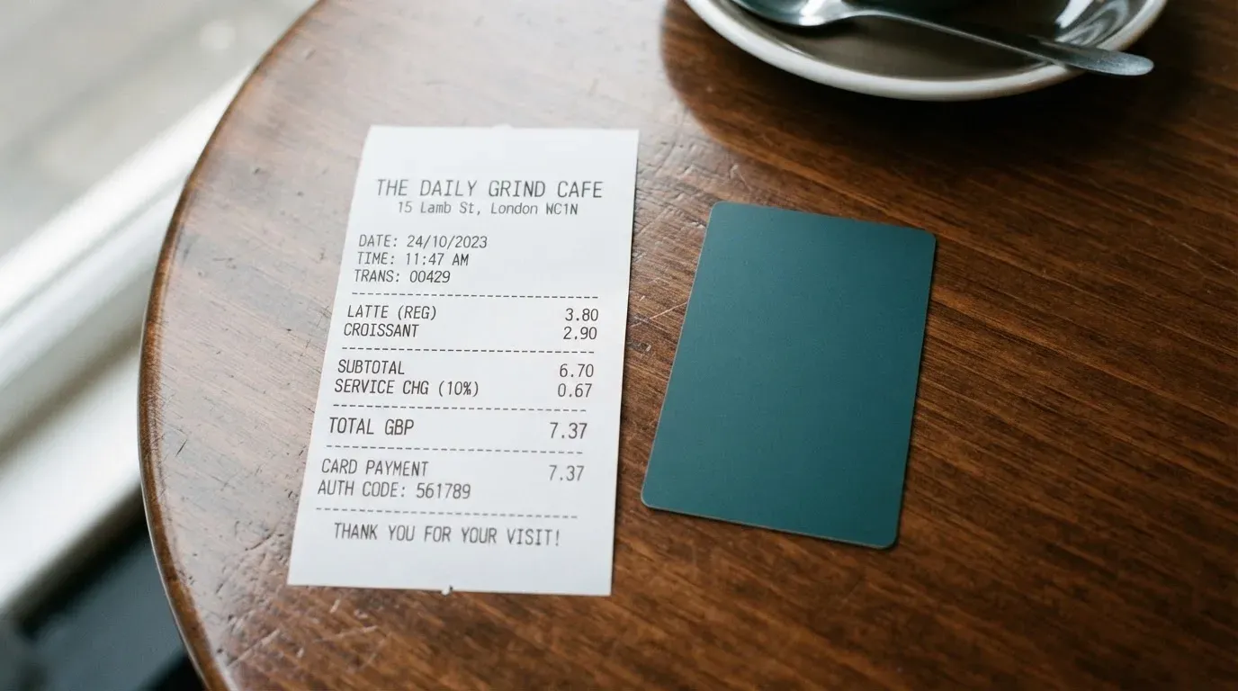 A receipt and a card on a café table