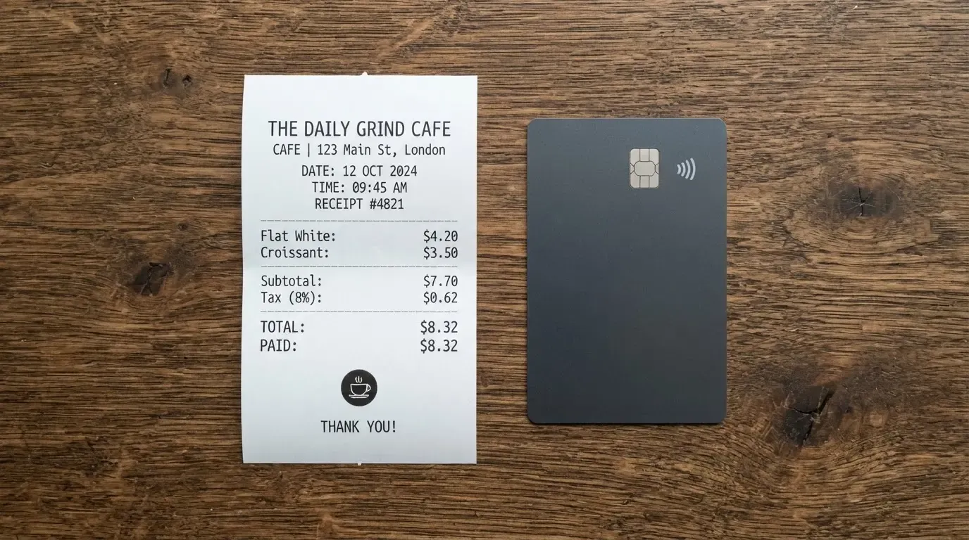 A receipt and a card on a café table