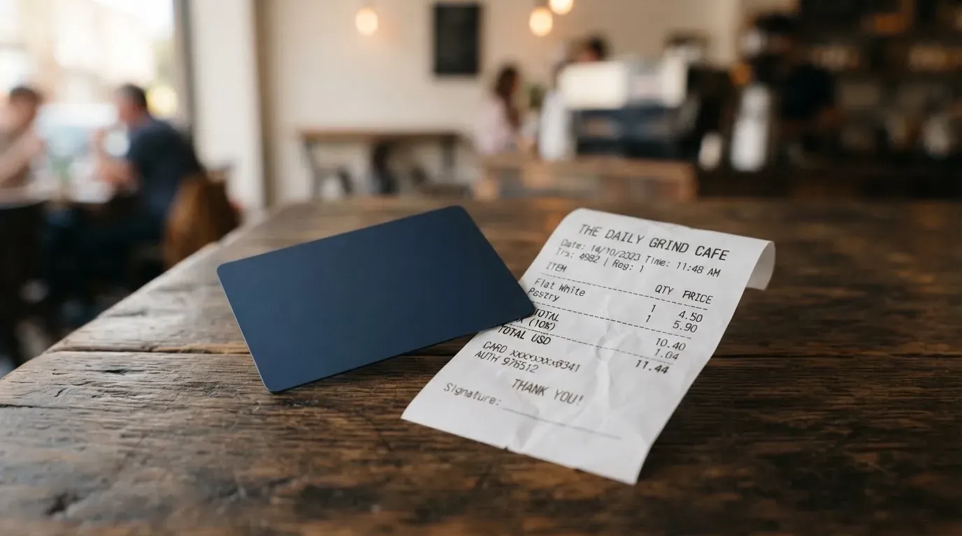 A receipt and a card on a café table
