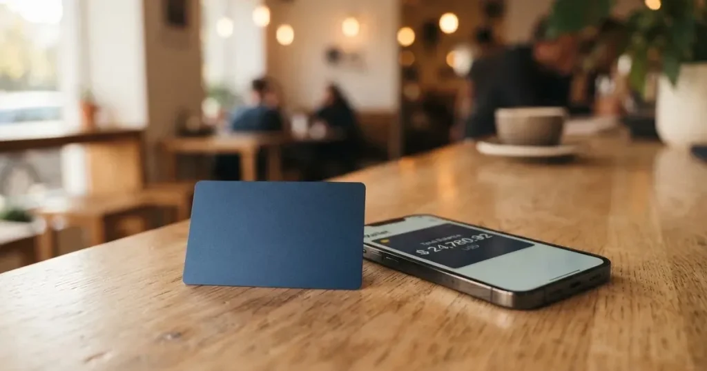 A payment card next to a phone with a crypto wallet app open