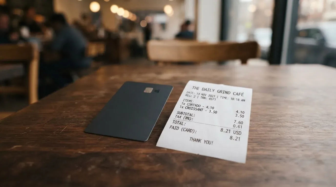 A receipt and a card on a café table