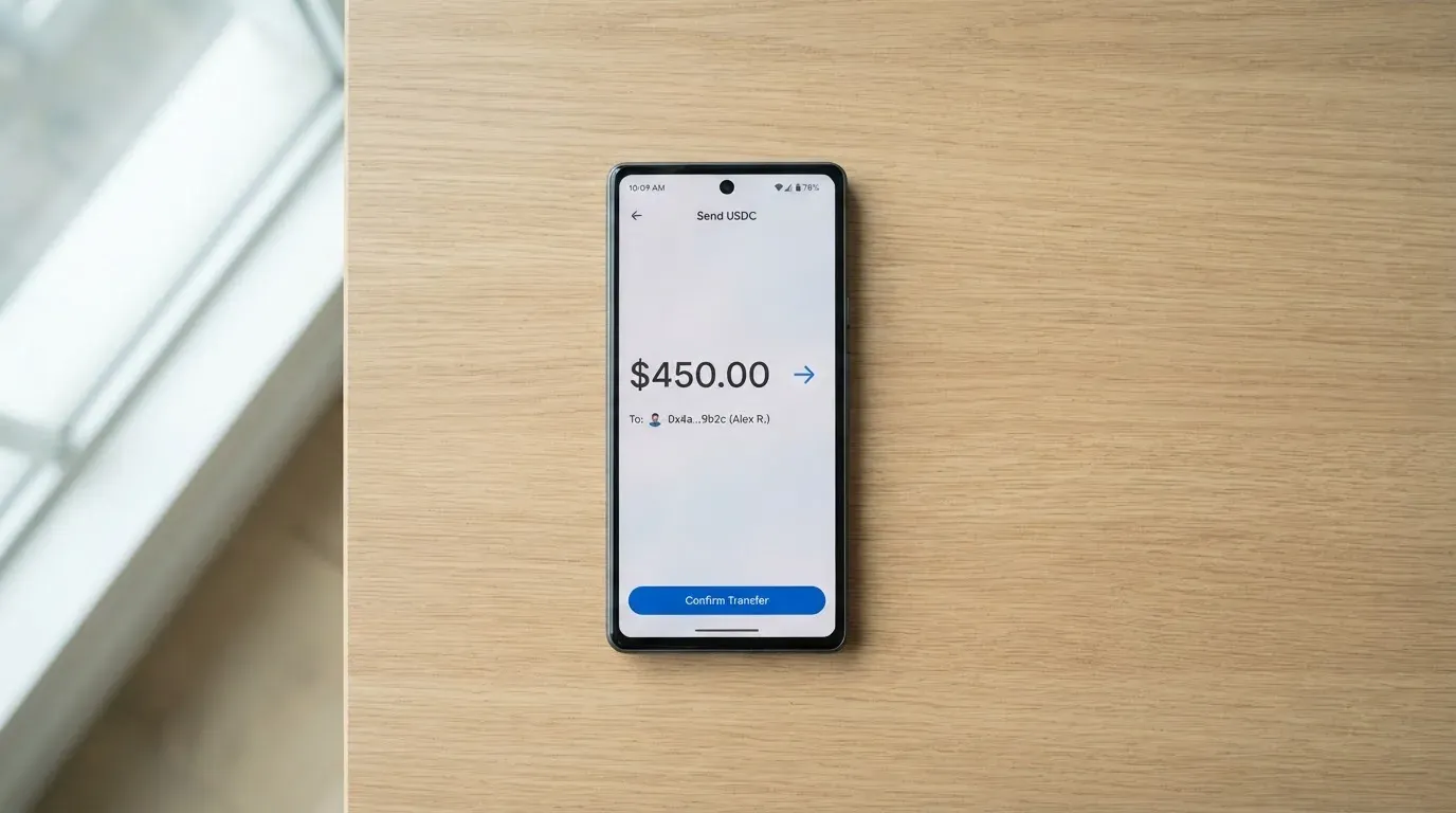 A phone showing a stablecoin transfer screen