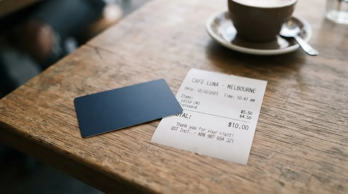 A receipt and a card on a café table