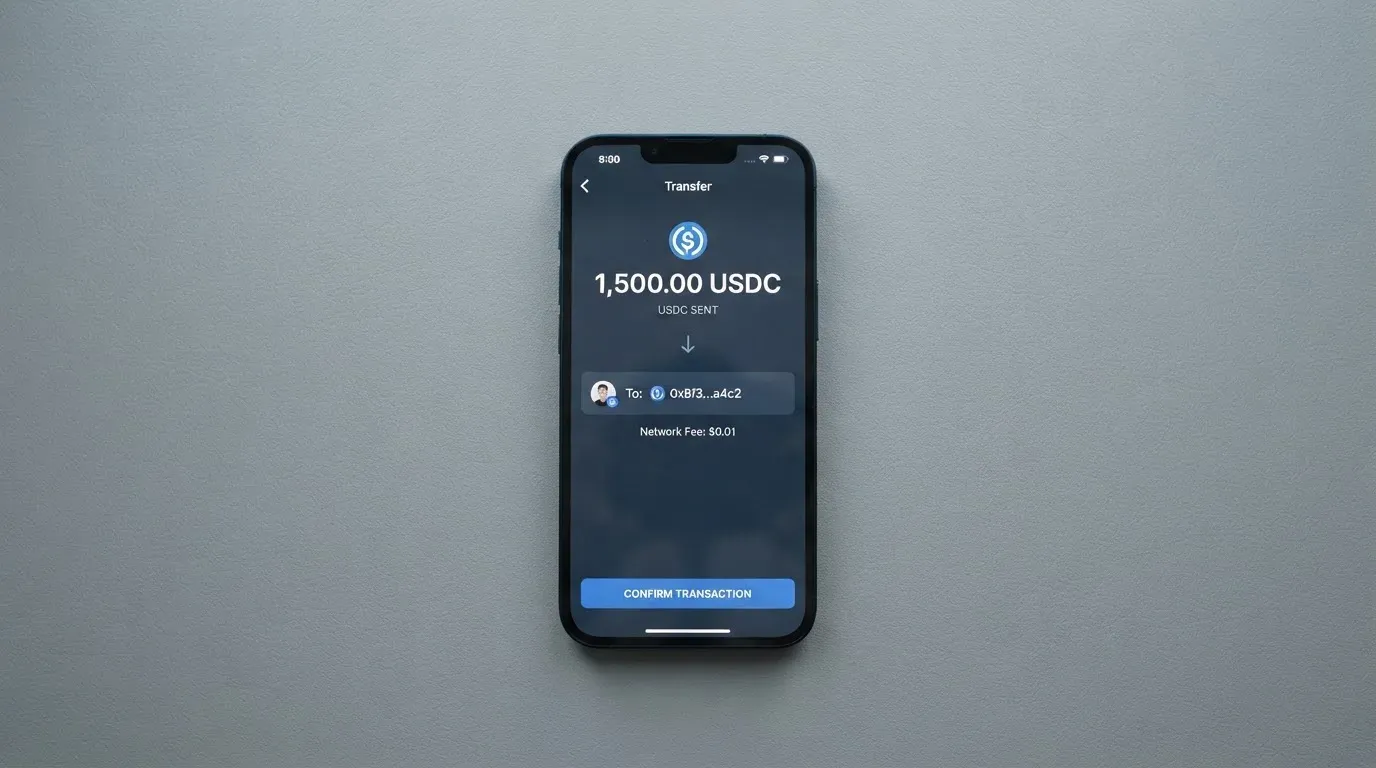 A phone showing a stablecoin transfer screen