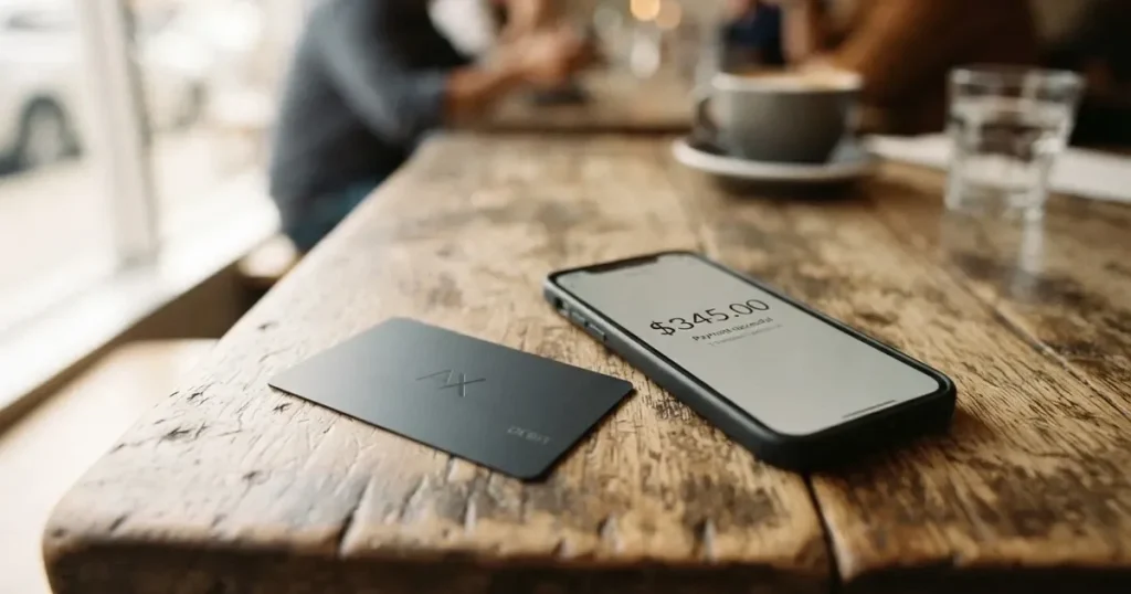 A payment card next to a phone with a crypto wallet app open