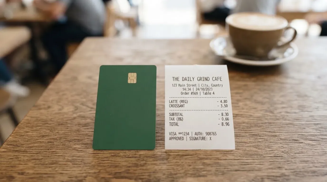 A receipt and a card on a café table