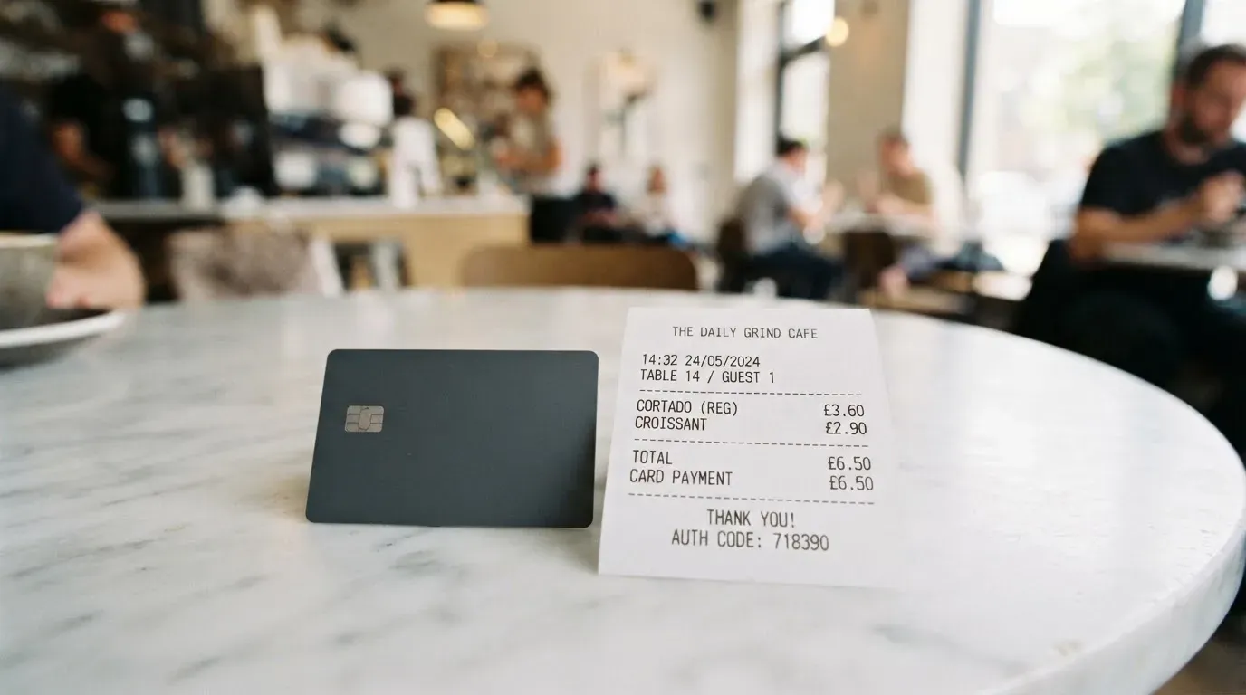 A receipt and a card on a café table