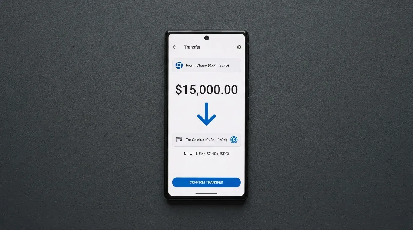 A phone showing a stablecoin transfer screen