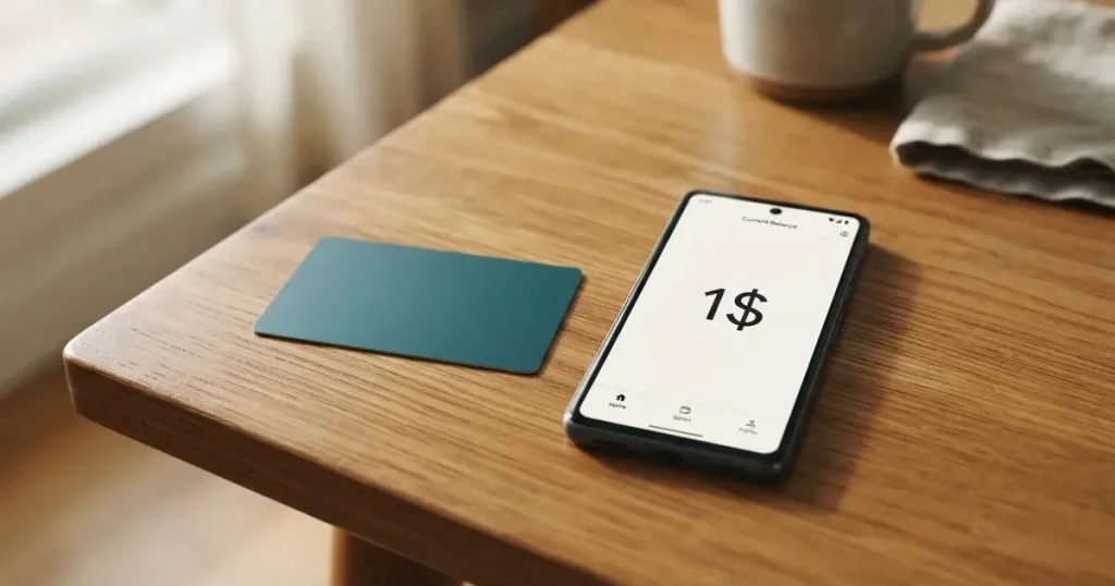 A payment card next to a phone with a crypto wallet app open