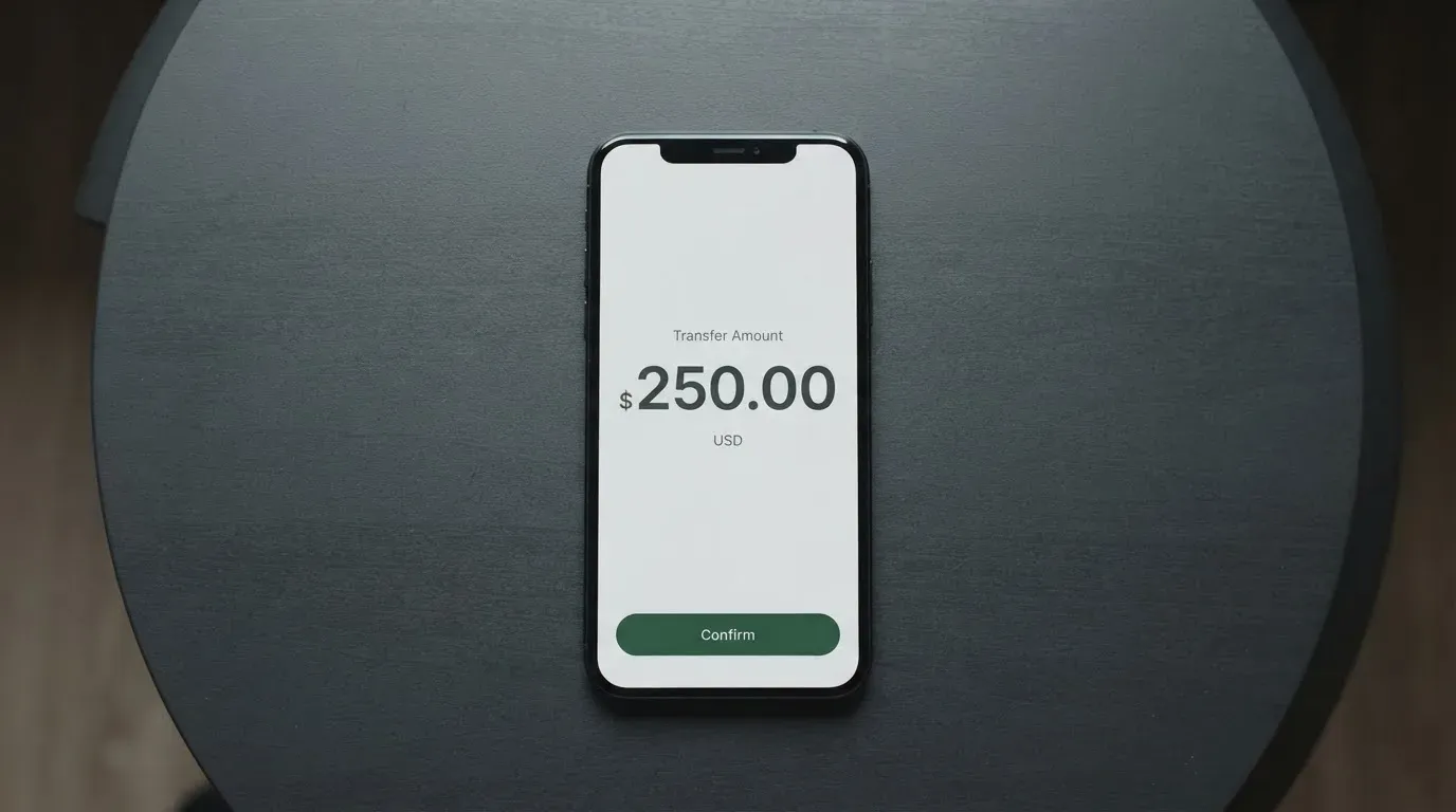 A phone showing a stablecoin transfer screen